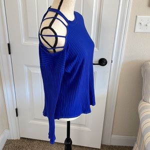 Red Haute Single Cut Out Shoulder Cobalt Blue Ribbed Long Sleeve Top Large NWT